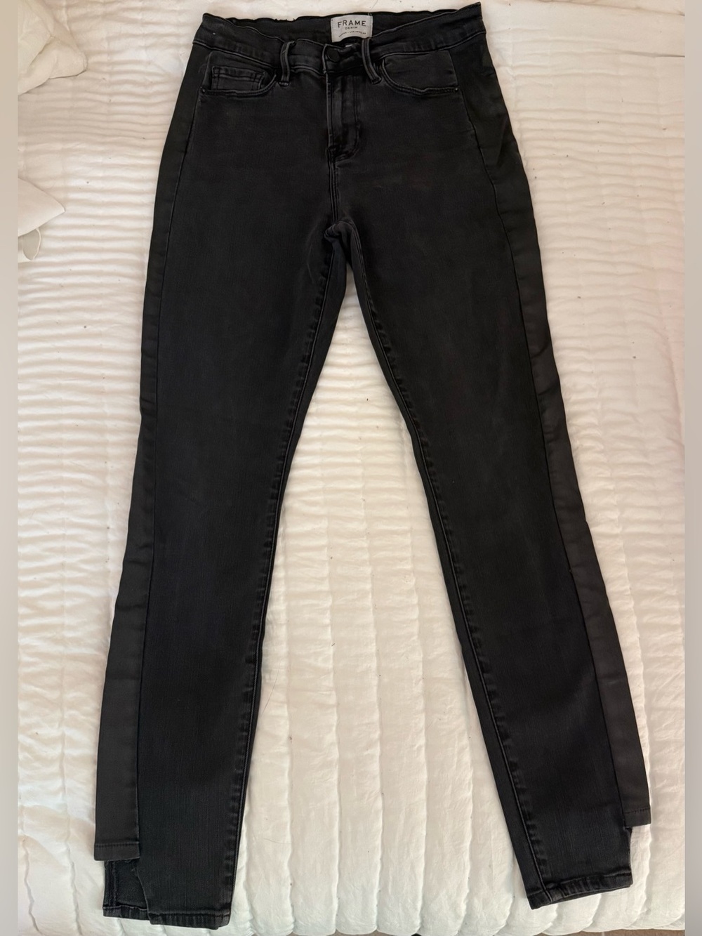 Frame Le Skinny de Jeanne Jeans 28 Black Coated Tuxedo Stripe Stretch Denim